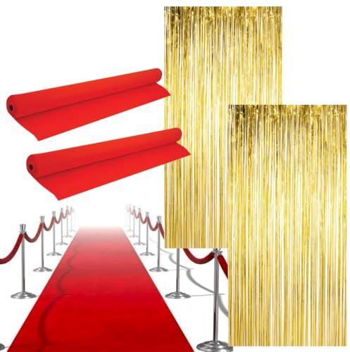 LOVETRENDS Hollywood-Party-Dekorationsset – 2 x rote Teppichläufer, 2 x goldene Folienvorhänge – Roter Teppich, Events, Oscar-Partys, Filmpremiere, Feiern, Party-Dekor