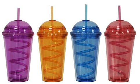 simpa 4PC 500ml Assorted Colours Double Wall Plastic Tumbler Set with Reusable Straw BPA Free