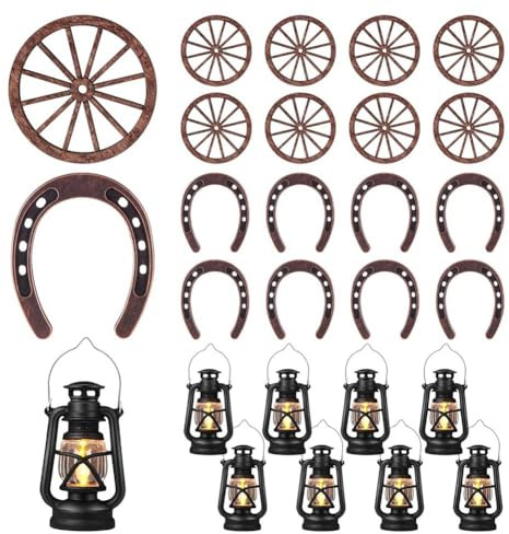 Sefdrert 24Pcs Western Theme PartyDecorations Cowboy Table Centerpieces Lucky Horseshoe Mini Lanterns Wooden Four Wheel Crafts