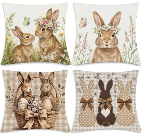 Afritee Ostern Deko Kissenbezug 45x45, Frühling Hasen Ostereier Osterkissen Kissenbezüge 4er Set, Easter Zierkissenbezug Für Zierkissenhülle Sofa Dekoration