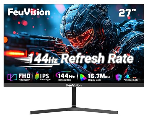 FeuVision 27 Inch 144Hz Gaming Monitor, FHD Computer Monitor 1080p, IPS | Adaptive Sync, 110% sRGB, 1ms, 3-Sided Frameless, Ultra Slim, VESA Mountable, Anti-Blue Light Design, HDMI, DP