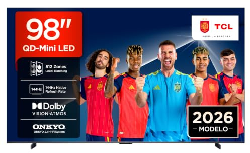 TCL 98T8D 98 Pulgadas QD-Mini LED 4K HDR10+ Smart TV Gaming 144Hz VRR | FreeSync Premium Pro, Game Master, Dolby Vision & Atmos, Sonido Onkyo 2.1, Apple AirPlay 2, Google Cast