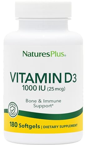 NaturesPlus Vitamin D3 1,000 IU 180 Softgels Capsules - Active Vitamin D Supplement - Immune Support, Bones, Muscle, Teeth, Calcium Absorption - Easy to Swallow, Gluten Free - 3 Months Supply