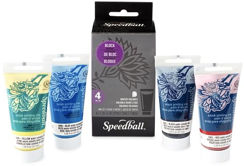 Speedball Set di 4 inchiostri per stampa a blocchi, nero/rosso/blu/giallo, 37 cc, per arte e artigianato, stampa, artisti, principianti, professionisti, adulti, bambini più grandi, idea regalo