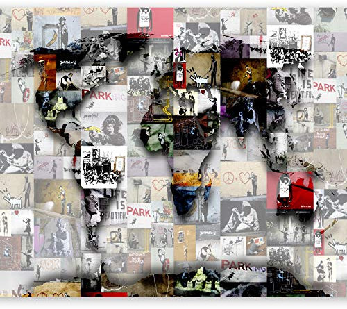 Fototapete murando 100x70 cm Vlies Tapeten Wandtapete XXL Moderne Wanddeko Design Wand Dekoration Wohnzimmer Schlafzimmer Büro Flur Weltkarte Banksy Abstrakt Continente Welt Graffiti