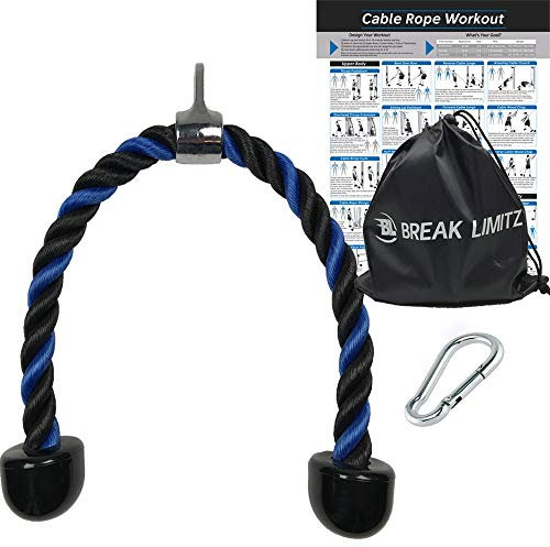 Break Limitz Blue Tricep Rope Pull Down & Poster Set | 36 Inch Heavy Duty Nylon Rope, Chrome Cable Attachment | Professional or Home Gyms | Includes Workout Poster, Snap Hook, Bag