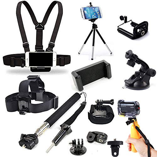 Cellphone Selfie Head Chest Wrist Mount Harness Strap Monopod Tripod with Cell Phone Clip Kit for GoPro Hero 12 11 10 9 8 7 6 5 / iPhone 16 15 14 13 12 11 Pro Max Xs XR Max X Cellphone
