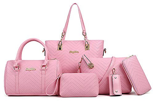 AlwaySky Damen Handtaschen Set 6 Stück PU-Leder Top Griff Tasche Frauen Shopper Geldbörse Umhängetasche, Rosa