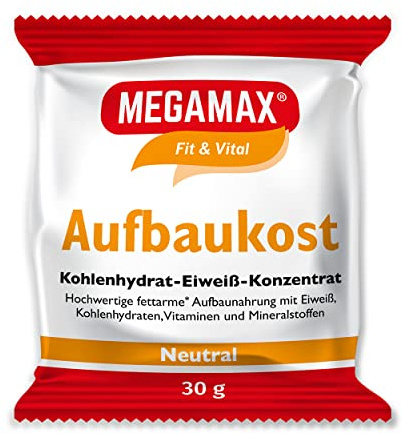 MEGAMAX Aufbaukost Neutral 30 g- Ideal zur Kräftigung und bei Untergewicht. Proteinpulver zur Zubereitung eines fettarmen Kohlenhydrat-Eiweiß-Getränkes für Muskelmasse u. Muskelaufbau