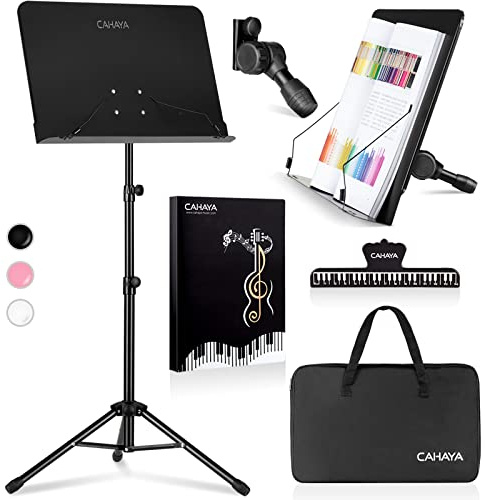 CAHAYA Music Stand for Sheet Music - Dual-use Converts to Desktop Stand Portable& Foldable 31.4-57in Height Adjustable Sturdy to Holds Thick Book or Tablet Include Carrying Bag Sheet Music Folder Clip