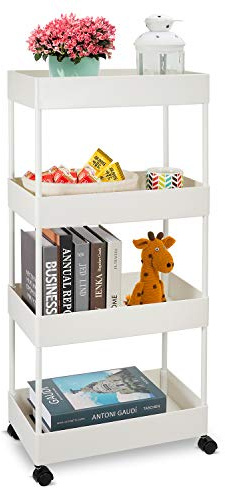 Narrow 4-Tier Rolling Utility Cart, Mobile Shelving Unit for Bathroom, Slide Out Storage Cart for Kitchen, Office, Bathroom, Laundry Room and Narrow Places