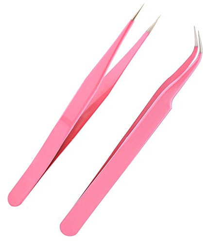 AIEX 2 Stück Wimpernzange, russische Volumenzange, Wimpernverlängerungszangen aus Edelstahl, Wimpernzange mit gerader und gebogener Spitze (Rosa)