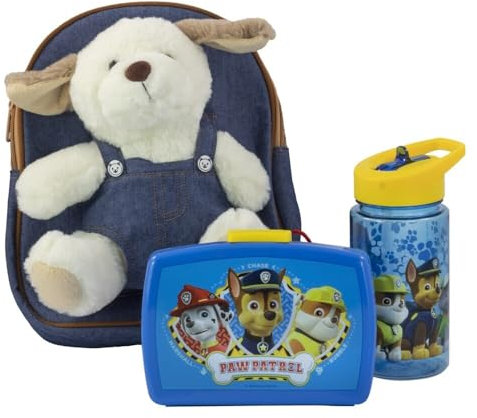 P:os 81446 PAW Patrol - Rucksack für Kinder mit abnehmbarem Plüschtier Hund Danny, Paw Patrol Brotdose und Trinkflasche in Blau, ideales Set für den Kindergarten oder bei Familienausflügen