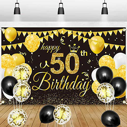 GRESATEK 50. Geburtstagsfeier Deko Banner Hintergrund, Schwarz Gold Geburtstagsdeko Happy Birthday Banner Party Dekorationen für Frauen Mann 50. Geburtstag
