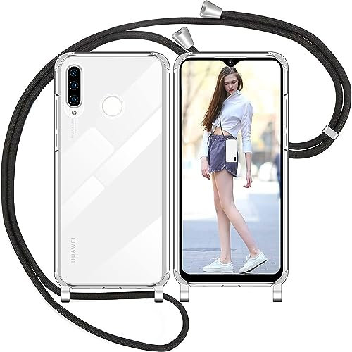 Nupcknn Handykette Hülle für Huawei P30 Lite Hülle TPU Bumper+PC Back Necklace(abnehmbar) Transparent Hülle mit Kordel zum Umhängen Handy Schutzhülle mit Band(Schwarz, 6.15)