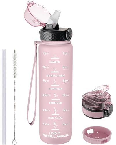 GOPPUS Borraccia Motivazionale 1L/32oz Con Cannuccia e Marcature del Tempo - Sportiva in Tritan per Palestra e Scuola - Per Adulti, Senza BPA, Con 2 Coperchi