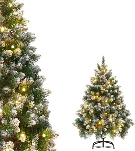 VA-Cerulean Sapin de Noël artificiel avec guirlande lumineuse blanc chaud, difficilement inflammable, montage rapide, décoration de Noël, faux sapin avec support (PVC vert avec effet neige, 150 cm)