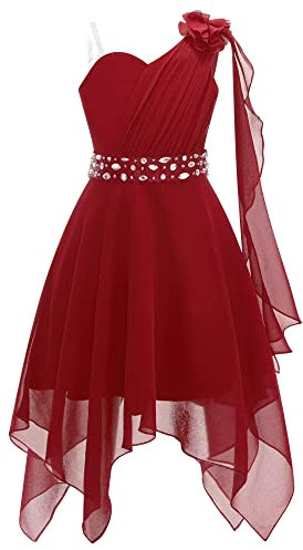 Freebily Robe de Mariage Enfant Fille Fleur Eté Robe Demoiselle d'honneur Fête Anniversaire Une Epaule Dos Nue 5-16 Ans Bordeaux 9-10 Ans