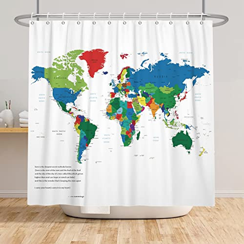 SDOTPMT 180x180cm Carte du Monde Rideau de Douche Coloré - Enfants Éducatif Thème Pays Villes - Rideau de Bain Blanc pour Salle de Bain avec Crochets
