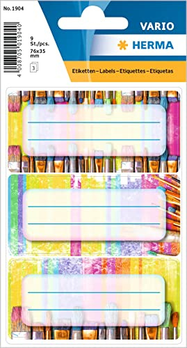HERMA 1904 Book Labels for Labelling, Brush (76 x 35 mm, 9 Name Stickers, Paper, Matte) Self-Adhesive, Permanent Adhesive School Labels for Books, Notebooks, Boxes, Household, Colourful