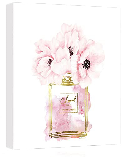 Canvas Wall Art Glam Perfume Chanel Pictures Wall Decor Pink Flowers And Gold Canvas Wall Art Girl Home Decor For Bedroom Wall Bathroom Set Room Decor 16 * 24