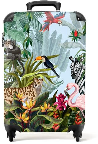 NoBoringSuitcases.com® Koffer Handgepäck Trolley Rollkoffer Kleine Reisekoffer mit 4 Rollen - Dschungel - Natur - Jungen - Mädchen - Kinder - Zebra - Flamingo - 55x35x20cm - Fotokoffer - Boardgepäck