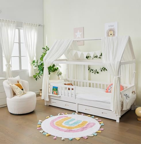 ALAVYA HOME® Vorhang Komplett Set mit Hausbett DEKO I Schlaufen (2 St) 100% Bio-Musselin Baumwolle I Vorhänge 100 x 150 cm Kurz 2er-Set für Kinderzimmer (Baumwolle, Weiß)