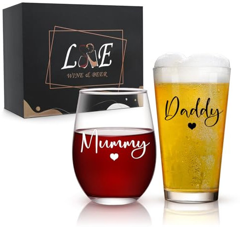 Joymaking Mummy and Daddy Glasses Set - Wine Glass & Beer Glass for New Parents, Mum and Dad Gifts on Anniversary, Birthday, Valentine's Day, Father's Day and Mother's Day