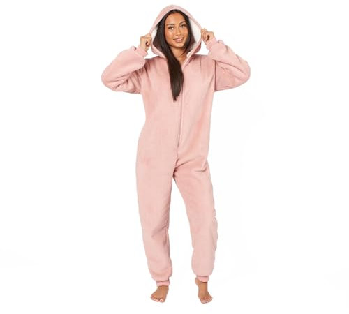 OHS All In One Ladies Pink Jumpsuit, Sherpa Fleece Christmas Pyjamas Loungewear Blanket Hoodie Women Super Soft Warm Fluffy Nightwear, Medium
