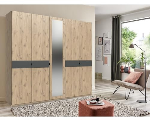 Lomadox Kleiderschrank Drehtürenschrank 5-türig mit Spiegel 225 cm breit in Eiche mit Graphit