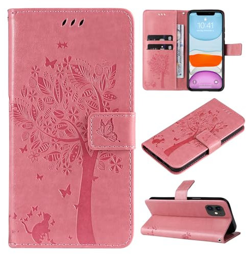 VEEMOS Handyhülle für Apple iPhone 11 Hülle Klappbar Katze-Baum mit Kartenfach Klapphülle Schutzhülle Handy Tasche Leder Book Flip Case Cover Handytasche Damen - Rosa