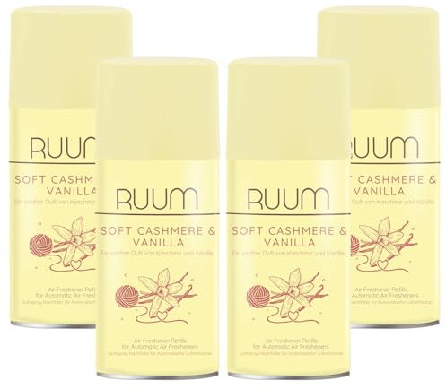 RUUM Lufterfrischer Nachfüller 4er Pack Soft Cashmere&Vanilla - Duft Nachfüller kompatibel mit Air Wick Freshmatic, Glade Brise - 4x 250 ml Duftspray für Geruchsneutralisierung & Frische