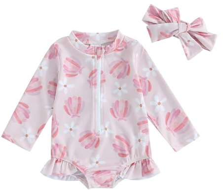 HodJIU - Traje de baño para bebé, niña, antiUV, manga larga, estampado para piscina, natación, playa y sombrero de sol, Rosa Concha, 6 mes