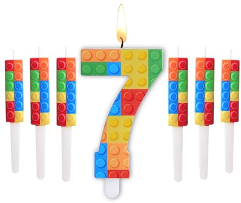 Herdear 7 Stück Baustein Nummer 1-9 Geburtstagskerze mit 6 Bausteine Kuchen Kerzen Zahlen Geburtstagskerzen für Baustein Party Kuchen Deko Geburtstag Dekoration Party Zubehör (Nummer 7)