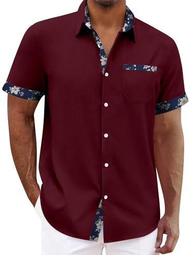 Men's Linen Short Sleeve Hawaiian Shirt for Summer - Red, Size L