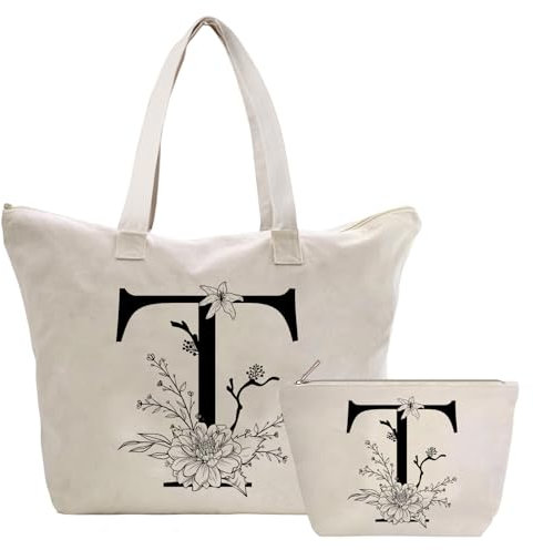 Personalizadas Bolso Tote de Mujer con Inicial, Bolsa de lona con Bolsillo Interior, Bolsa de Compras con Bolso de Cosméticos, Regalos para Damas Mejor Amigas Mamá, Regalo Cumpleaños Navidad T