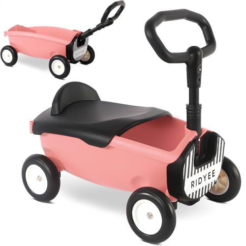 RIDYEE 2-in-1 Spielzeugwagen für Kleinkinder 1-3, abnehmbarer Sitz und verstellbarer Lenker, Nachziehwagen, Baby Push Walker mit 8L großem Korb, Lenkbegrenzung, DIY-Aufkleber, Rosa