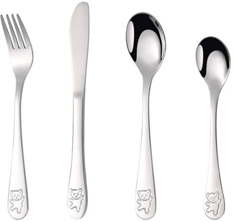 EUYRVAW Set de 4 piezas de cubiertoscon tenedor, cuchillo y cuchara para niños infantiles de acero inoxidable - Cubiertos Bebe Personalizados para Uso en el Hogar y la Escuela(Oso, Plata)