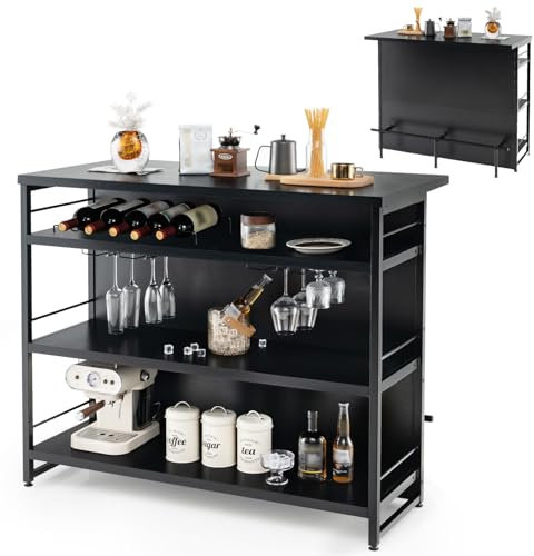COSTWAY 2-in-1 Industrial Kitchen Island, 4-Tier Bar Table Sideboard with 3 Open Shelves, Wine Rack, Stemware Holders & Footrest, Wine Cabinet Storage Organizer for Home Pub (Black)