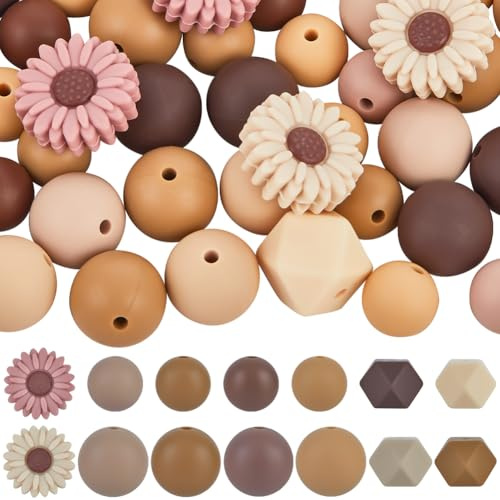 SUNNYCLUE 100 Stück 14 Stile Gänseblümchen Silikonperle Gemischte Silikon Fokalperlen Großpackung Undurchsichtig Bunt Rund Sechseckig Blume Matt Lose Abstandsperle Für Schlüsselanhänger Stift Schmuck