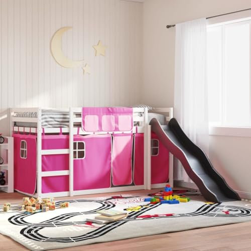 LXYZWRW Beds & Accessories Bunk Bed with Slide and Curtains Pink 90x190 cm Beds & Bed Frames