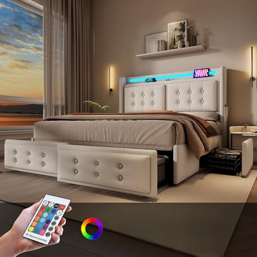 Zepneiy Lit 180x200 avec Sommier LED et USB C, Coffre 4 Tiroirs, Tête de Lit, Double à Lattes, Rembourré pour 2 Personnes (Sans Matelas)