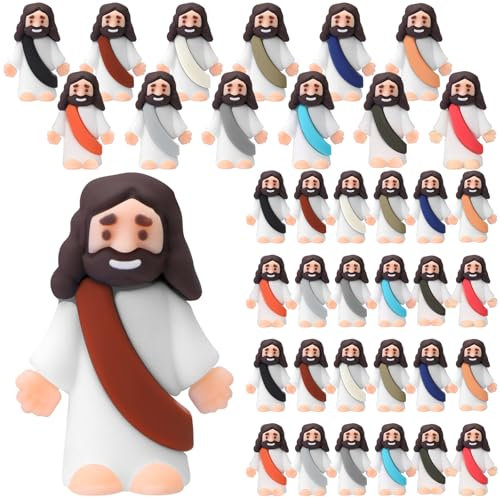 Bememo Kleine Jesus-Figuren, originelles Design, Mini-Gummi-Jesus-Spielzeug zum Verstecken und Suchen, religiöse Partygeschenke, Sonntagsschultaufgeschenke (Retro-einfache Farben), 25 Stück