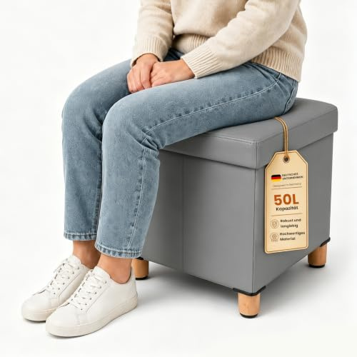 LEEJARD Hocker mit Stauraum, Klappbarer Sitzhocker aus PU, Fußhocker mit Massivholzbeinen, Anti-Rutsch-Pads, Pouf für Wohnzimmer Schlafzimmer Bad(DunkelGrau, L:38 * W:38 * H:40 cm)