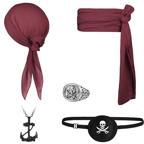 Alaoo Piraten Accessoires Set, 5 Stück Set Piratenkapitän Kostümzubehör, Piraten-Stirnbänder, Gürtel, Augenmasken und andere Accessoires, für Karneval, Cosplay, Party, Halloween(Weinrot)