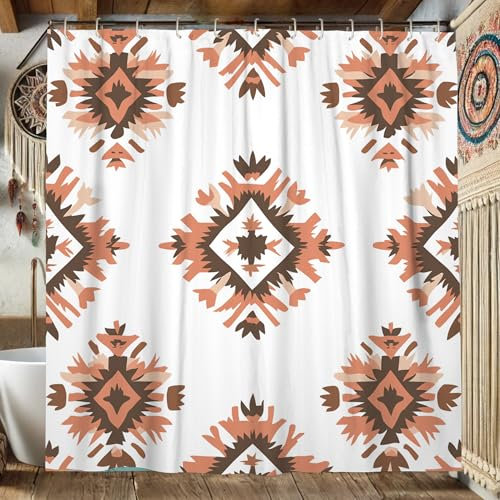 Rideau de douche à motif géométrique, marron terre cuite et pêche, rideau de bain pour décoration d'intérieur, design moderne, en tissu imperméable, avec crochets, 183 x 183 cm
