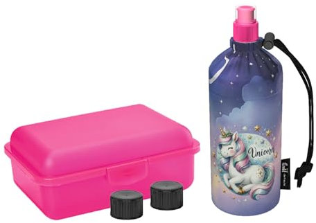 Emil Trinkflasche aus Glas inkl. Brotbox & Ersatzverschlüsse – Starterset zur Einschulung - BPA-frei & schadstofffrei, isolierend – Ziehverschluss für Wasser, Saft & Milch – Unicorn (0,4l)