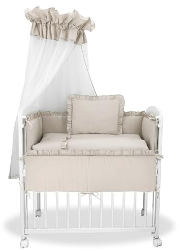 Baby Delux Beistellbett Set Babybett Komplett Set Stubenwagen weiß 90x40 mobil mit Rädern inkl. Bettwäsche Matratze (Royal Beige Rüsche)