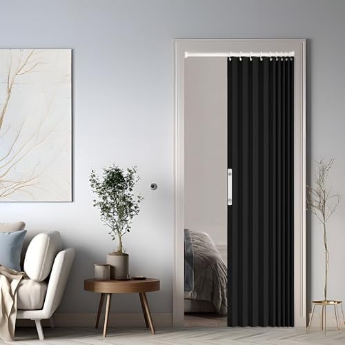Magnetic Blackout Door Curtain, Foldable Room Divider for Bathroom/Bedroom/Living Room, Accordion Design (Black)