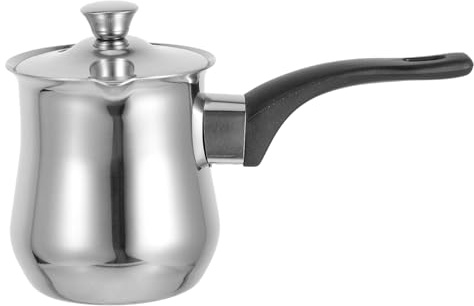 Türkische Edelstahl Kaffeekanne mit Deckel, 360ml, Silber | Portabel mit Langem Griff und Ausguss, für Kaffeezubereitung, Kleine Küche, Reiseeinsatz
